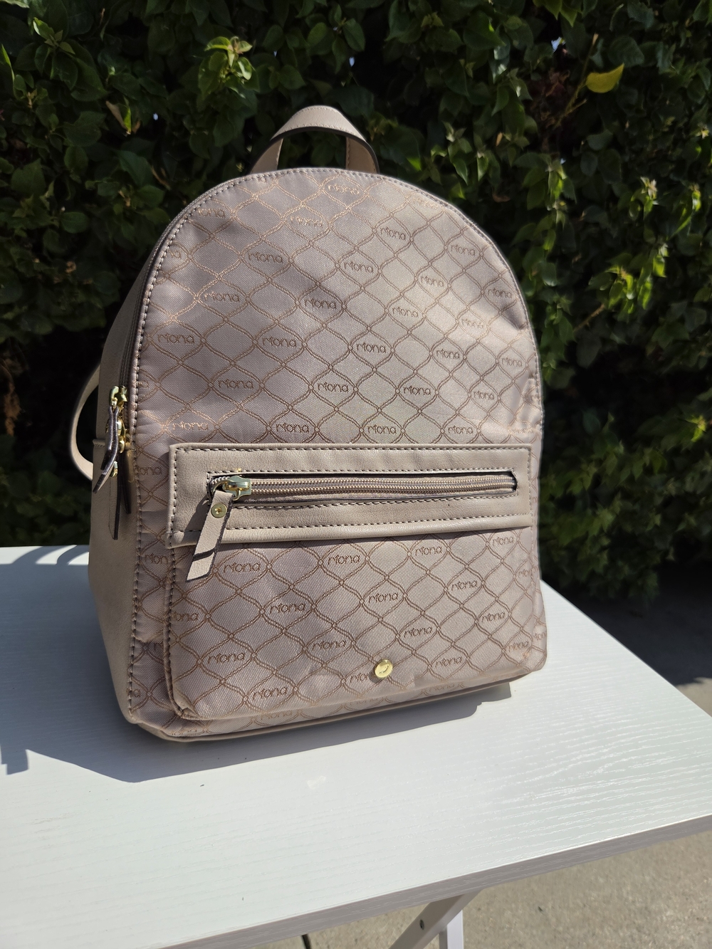 Riona Taupe Monogram Dome Backpack Vegan Leather Gold Hardware Bag (SAMPLE SALE)